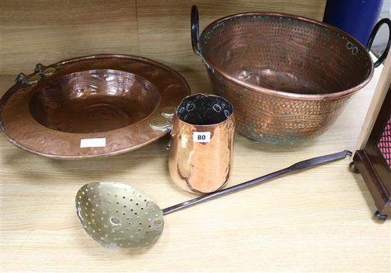 Three pieces of copper to include a jardiniere and a handled dish, with a brass chestnut roaster